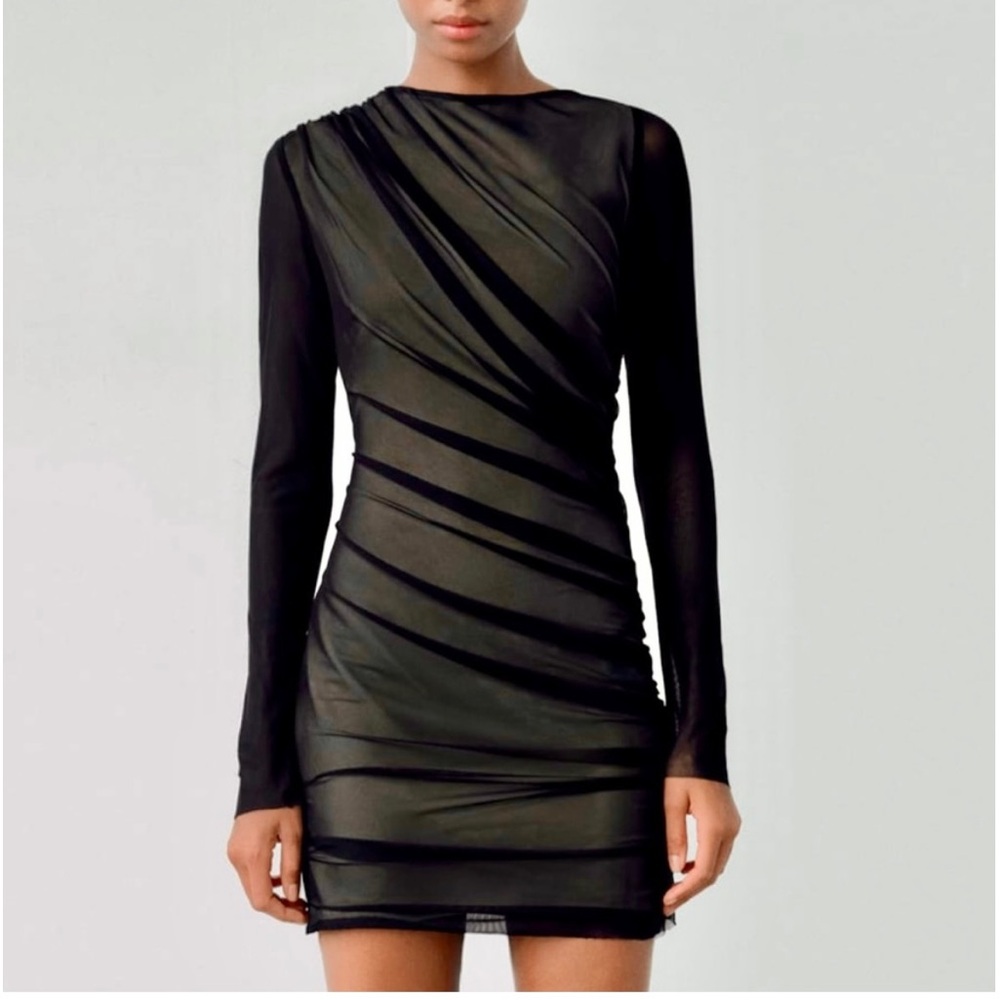 Zara NWT black & nude ruched tulle NWT mesh mini dress Size Large